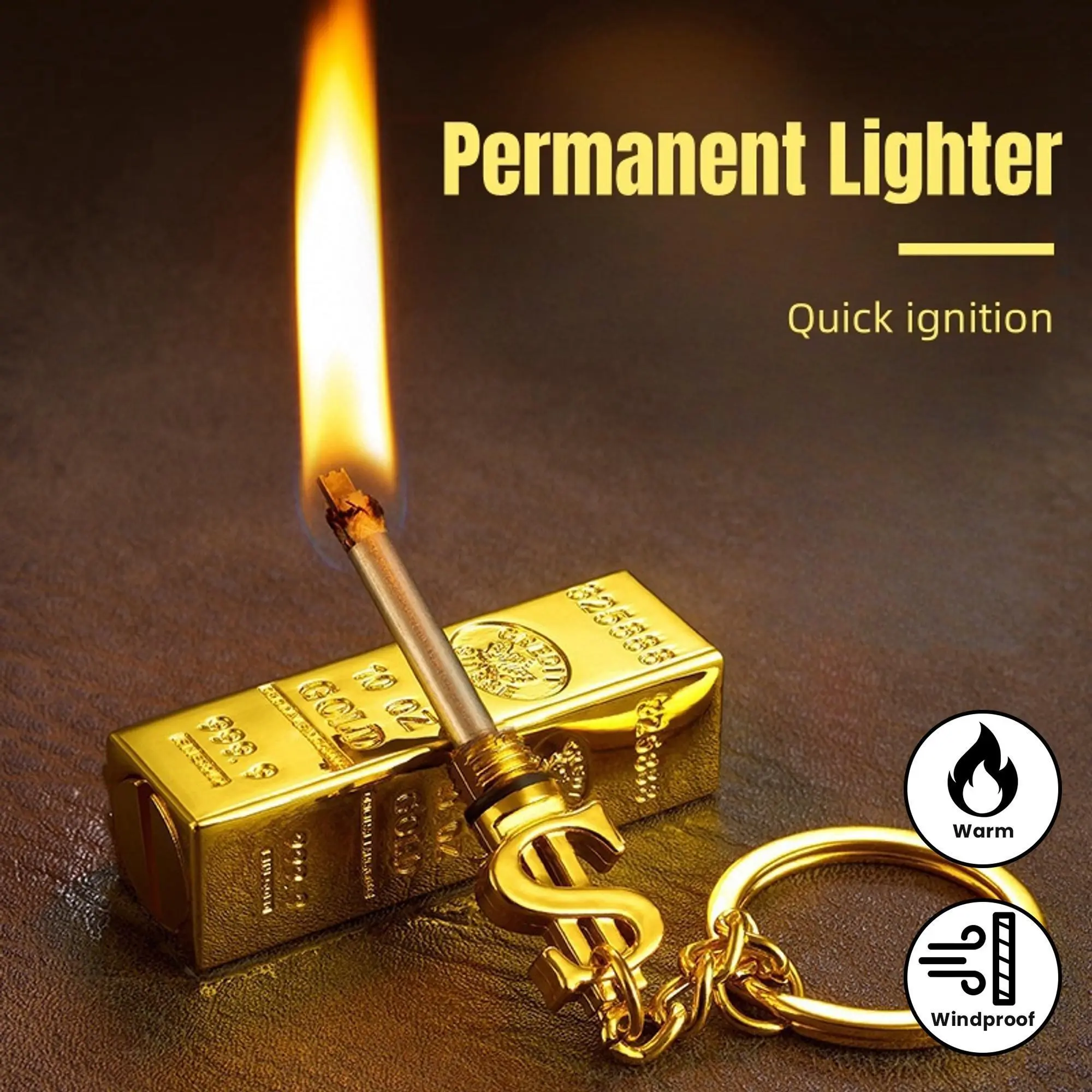 Permanent Gold Bar Metal Kerosene Fuel Lighter - Small, Mini Portable Multi-Function Igniter for Camping Users, Boyfriend Gift (Fuel Not Included; Must Add Kerosene to Ignite)