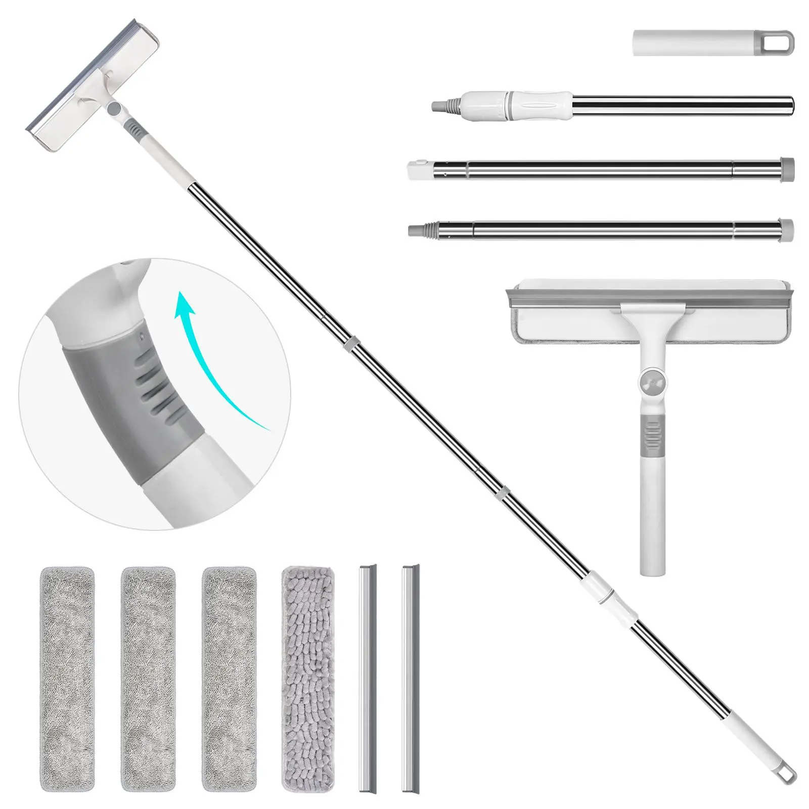 69" Extendable Handle High Window Cleaning Kit Squeegee Glass Cleaning Tool Window Cleaner , Stainless Steel Handle, Microfiber Cleaning Pads & Replaceable Rubber Blades for Glass, Shower Doors, Tiles & Car Windshields