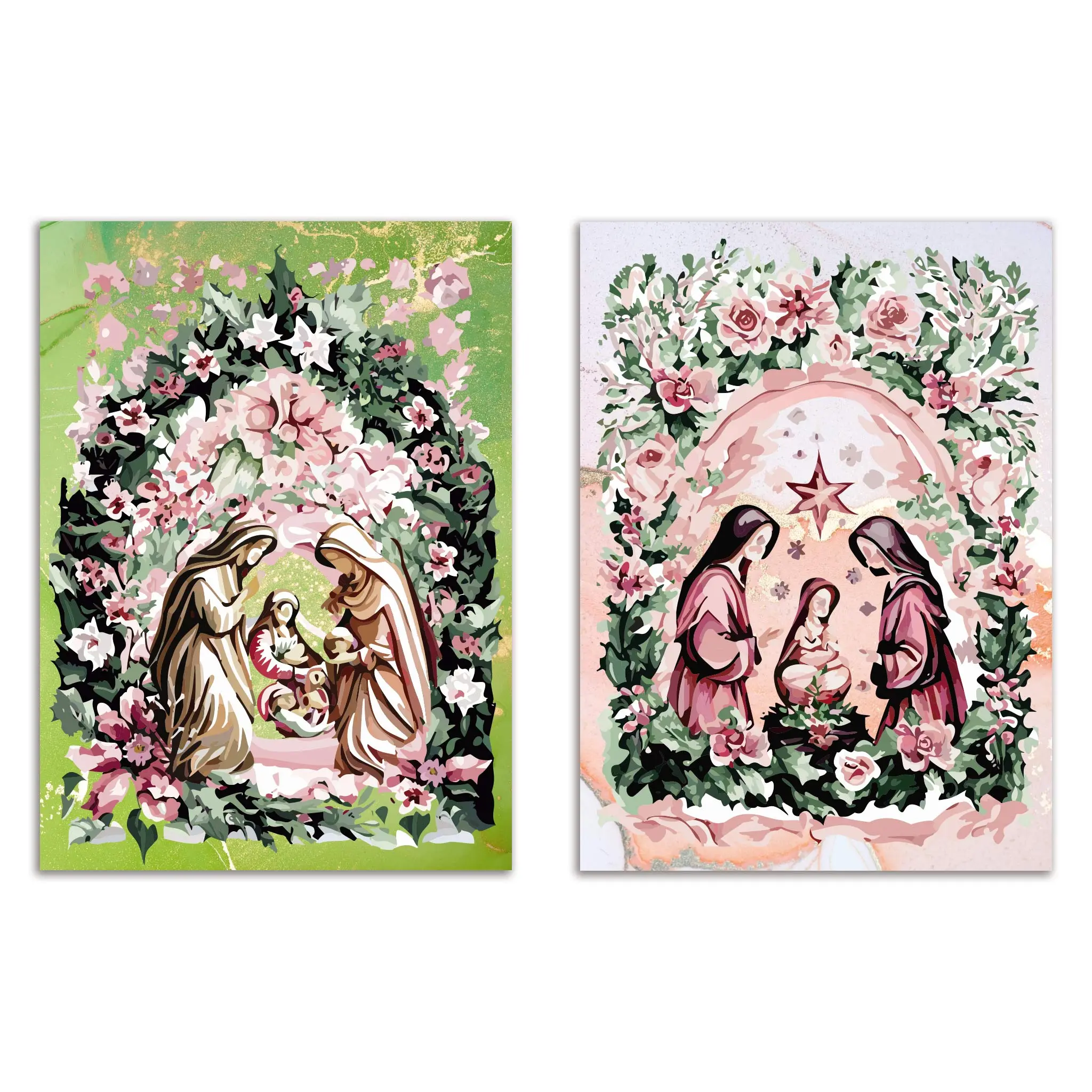 24 Floral Nativity Christmas Cards in 2 Botanical Religious Designs with Envelopes