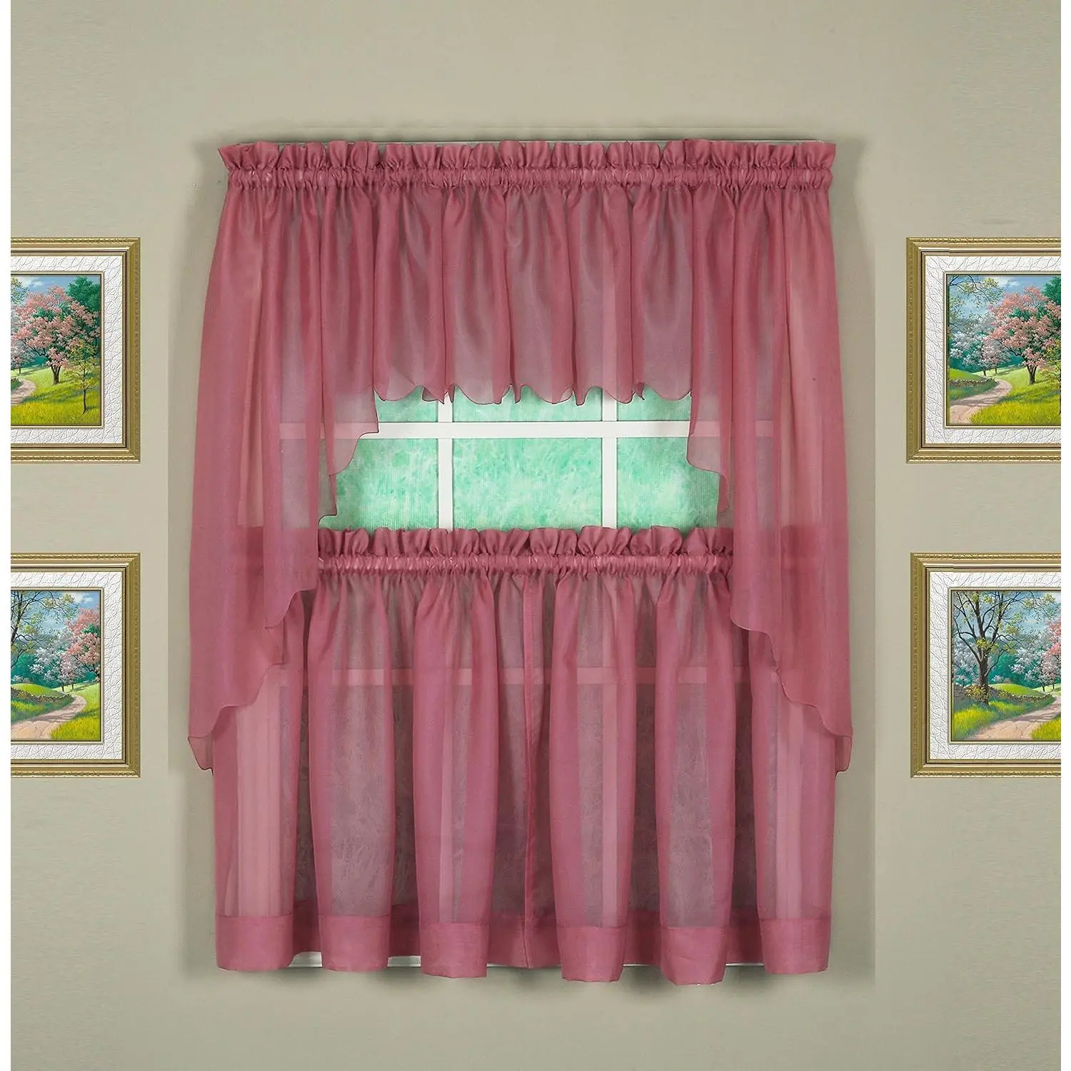 Emelia Voile Tier Pair Pack Bathroom Window Curtains, Mauve, 60x36 in Light Filter Voile Fabric, Black-Dusty Leaf-Gold-Grey Bathroom Decor