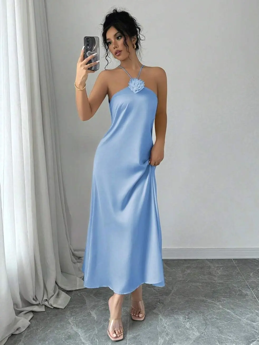 Women's Elegant Halter Neck 3D Floral Satin Maxi Dress, Waist-Cinched A-Line Formal Party Dress
