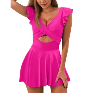 Ruffle Crossover Skirted One-Piece Swimsuit – Feminine Swim Dress Monokini, Flattering Beach Look bikini summer fashion tankini set