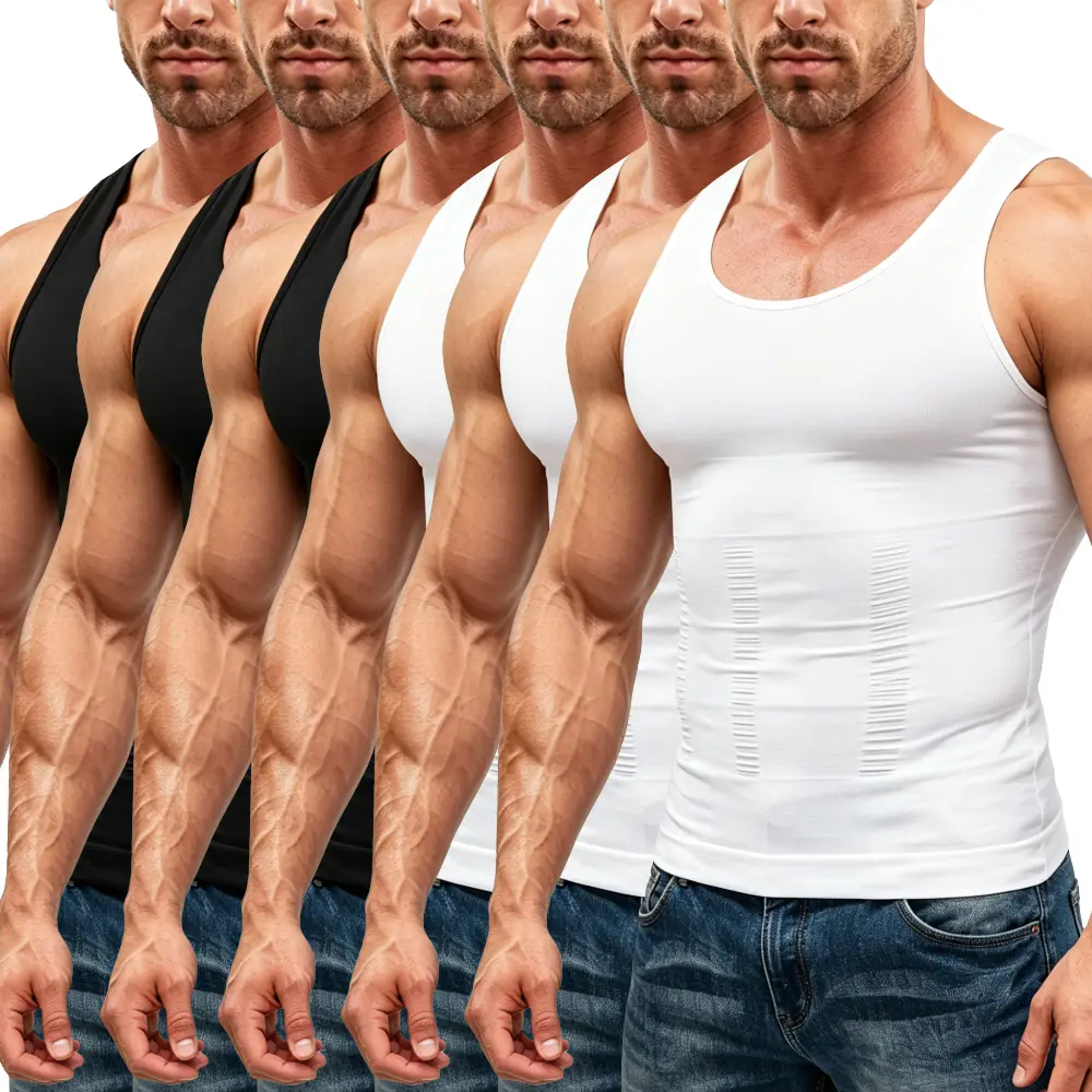 6 Pack Menswear Body Shaper Tummy Control Vest Compression Tank Top Breathable Lightweight Soft Underwear Shapewear Athletic Plain Shirt Sleeveless Undershirts for Men Fabric Casual Operator Mesh