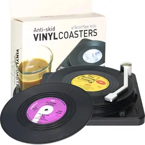 Retro Vinyl Record Drink Coasters Set with Holder - 6 Funny cool Conversation Piece Coasters for Music Lovers, Ideal for Housewarming & Wedding Gifts Stylish Tableware