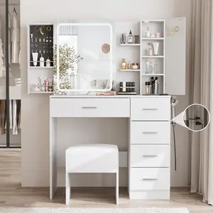 Vabches White Vanity Desk with Mirror and Lights,Makeup Vanity Table Set with Power Strip and Sliding Locker,Visual Drawer Makeup Desk with 5 Drawers&Shelves&Cabinet,3 Lighting Modes