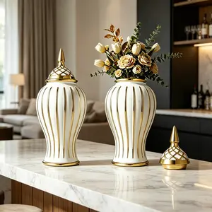 Striped Ceramic Vase Set, Bright Floral Container, No-Hole Water Storage Design, Luxurious Desktop Decor, 24cm & 33cm Sizes