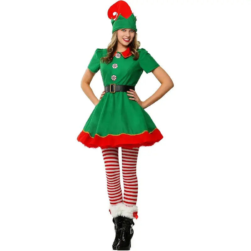 Women's Holiday Elf Costume Dress with Hat and Belt, Green and Red Brushed Knit Flannel, Short Puff Sleeves, Gold Braided Buttons, Faux Leather Belt, Perfect for Christmas Party