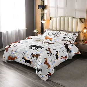 Horse Comforter,Cartoon Horses Luxury Bedding Set,Gray Buffalo Check Plaid Heart Decor Designer Comforter Set,Farmhouse Grid Farmhorse Duvet Set