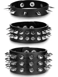 3-Piece Punk Leather Bracelet Metal Rivets Bracelet Adjustable Cuff Gothic Rock Bracelet for Men Women Cosplay Party Spiked Studded Bracelet