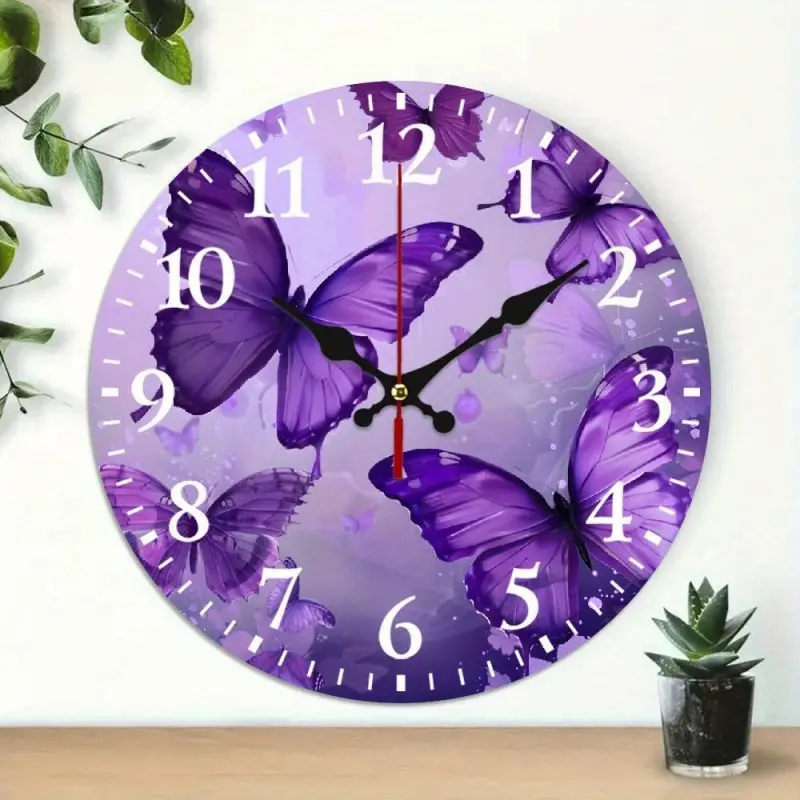 2D Flat Wall Clock, Decorative Clock, Battery Operated Wall Clock, Butterfly, Purple Print, Battery Powered (AA not included), suitable for wall decoration in dorm rooms, perfect for living rooms, bedrooms, kitchens, home offices, etc.