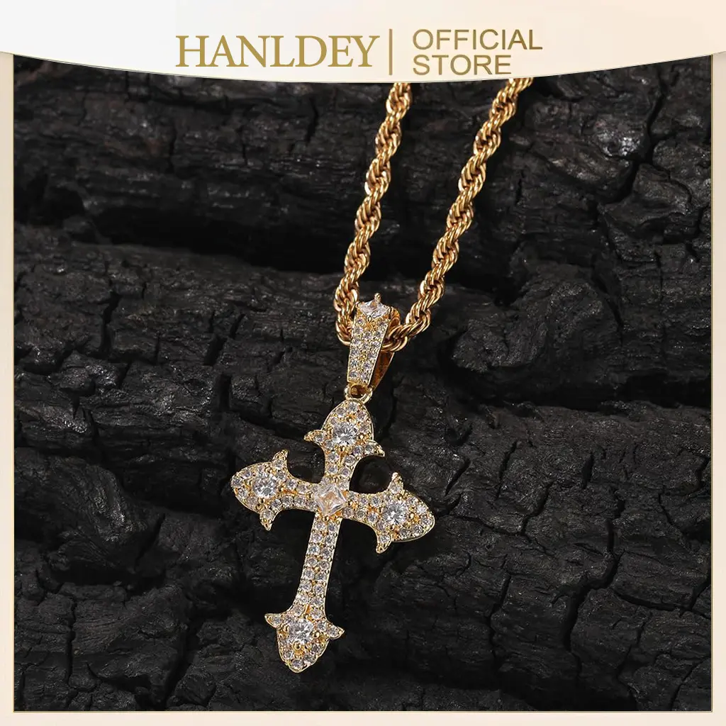 Cross Necklace Iced Out 14K Gold Plated Cubic Zirconia Ankh Cross Pendant With Rope Chain, Trendy Hip Hop Gothic Diamond Jesus Cross Necklace