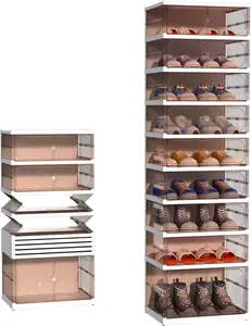 9 Tier 18 Pairs Foldable Shoe Rack with Wheels, Portable Plastic Shoe Storage Cabinet with Clear Magnetic Doors Space Saving No Assembly for Entryway, Living Room, Closet