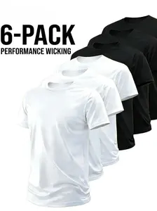 Men's 6-Pack Plain Polyester Crew Neck Shortsleeve Tshirts - Quick-Drying, Moisture-Wicking, Breathable, Cool, 4-Way Stretch Athletic Sportswear Layer - Suitable for Gym Workouts, Running