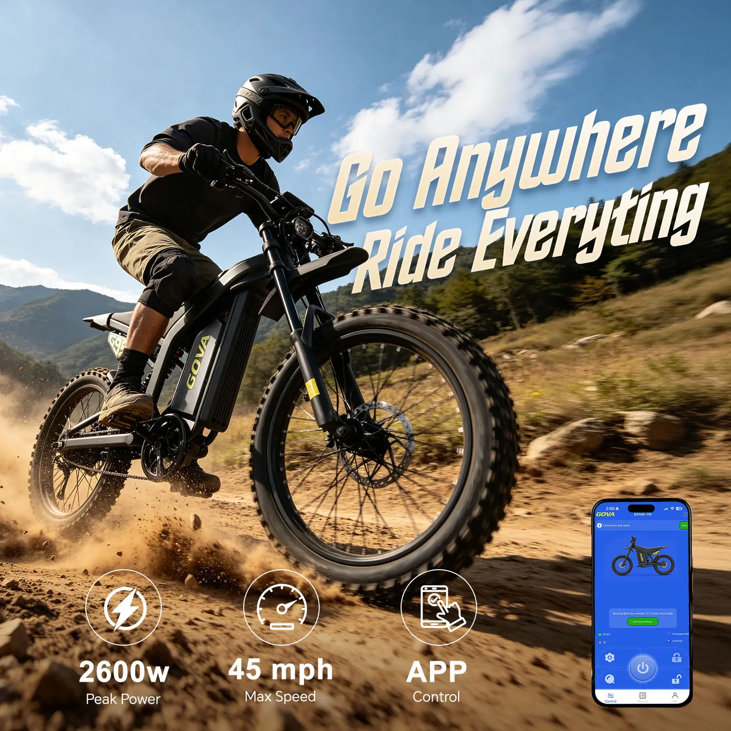 Off-Road Electric Bicycle - 2600W Peak Power, 60V 18Ah, 45MPH Max Speed, 40-Mi Battery Range, APP Bluetooth Control, 17-Inch Off-Road Tires, Turn Signals, Fully Suspended Shock Absorbers
