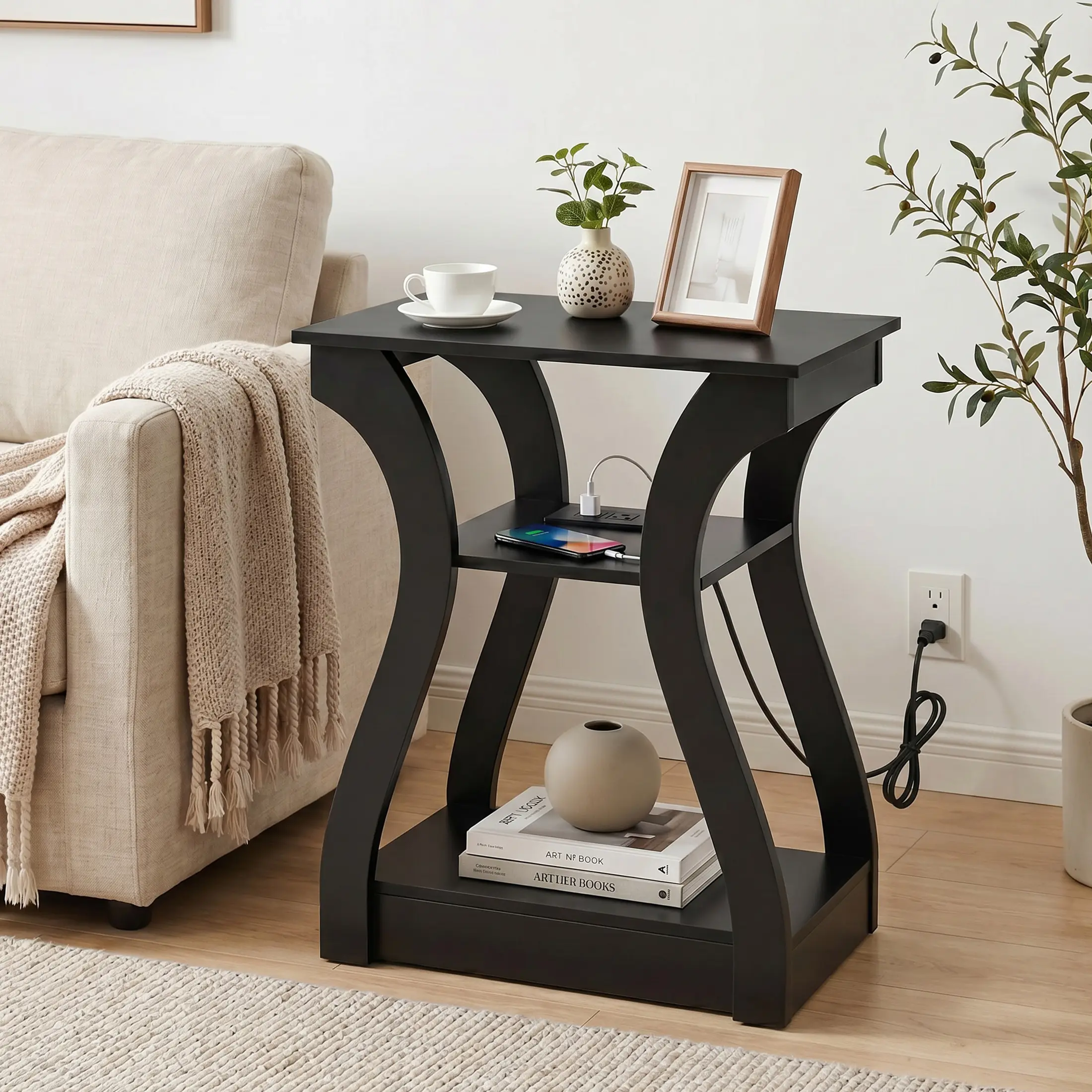 3-Tier Curved Nightstand with Built-In Charging Station, Bedside Table with USB-C & AC Outlets, Storage Shelf Cabinet for Bedroom Essentials, Lamps and Phone Charging, Space-Saving Indoor Furniture