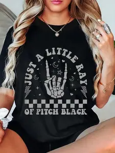 "Just A Little Ray Of Pitch Black" Skeleton Hand Cotton T-Shirt, Rock Roll Gothic Tee