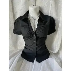 Jin-Vintage Aesthetic Women Personality Y2K Slim Clothing Fashion Shirts Harajuku Short Sleeve Tops Female Hot Classic Casual Tee Red Womenswear good vibes everyday pdx Blouse Gamis Basic Minimalist Black Button Front Shortsleeve