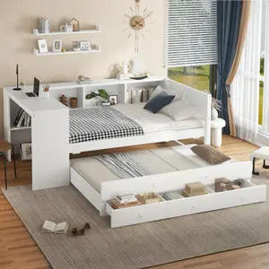 【Bellemave】Twin /FullSize Daybed with Trundle, Wood Day Bed Frame with Storage Drawers and Side Shelves, Daybed with Desk, No Spring Box Needed, White