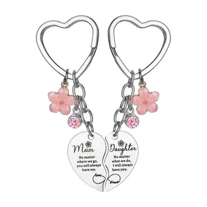 Mother's Day Keychain for Women Rose Gold Engraved Flower Pendant Keychain Heart Puzzle Keychain Set