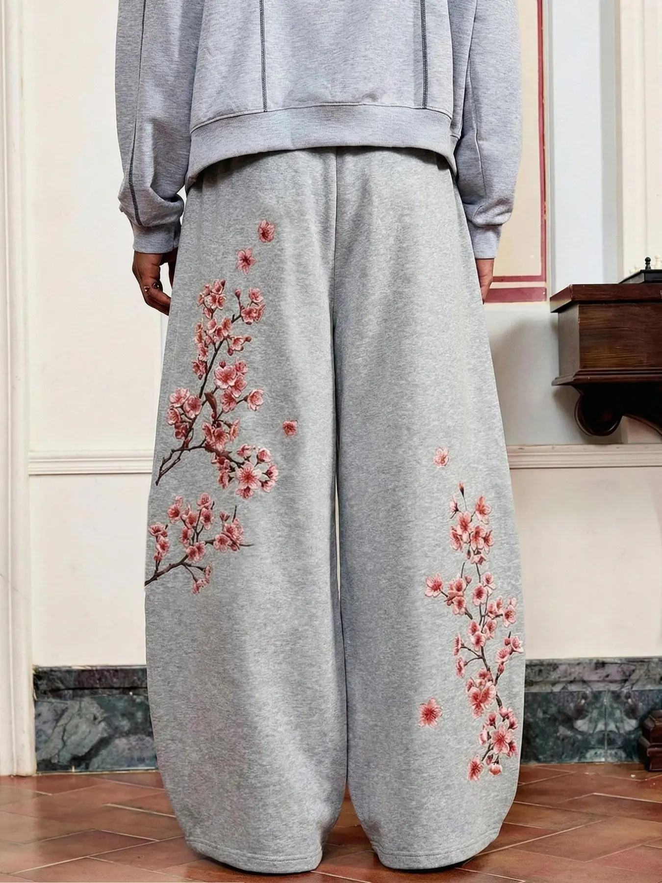 New Chinese Style Cherry Blossom Embroidery Wide Leg Sweatpants - Floral Aesthetic Baggy High Waist Trousers with Pockets, Trendy Streetwear & Casual Daily Essentials