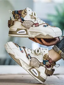 Unisex Beige-Army Green Camo Bandana Platform Casual Athletic Sports Sneaker Shoes: Cool Casual Sports Style, Beige-Army Green Tone, Camo & Bandana Decor, Platform Structure, Lace-Up Design. Ideal for Daily Sports & Leisure Styling