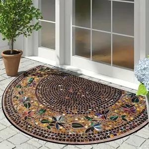 Half-Round Welcome Door Mat with Retro Mosaic Pattern Floral Design, Luxurious Boho Durable Rug for Indoor Outdoor Decor and Easy Maintenance