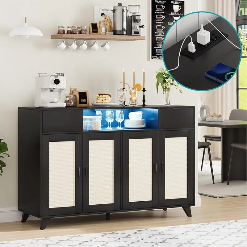 Black Sideboard Buffet Cabinet, 47" Accent Storage Cabinet with 4 Rattan Doors & 2 Drawers Console Table Coffee Bar w/Power Outlet & LED Light Adjustable Shelves for Dining Living Room, Hallway