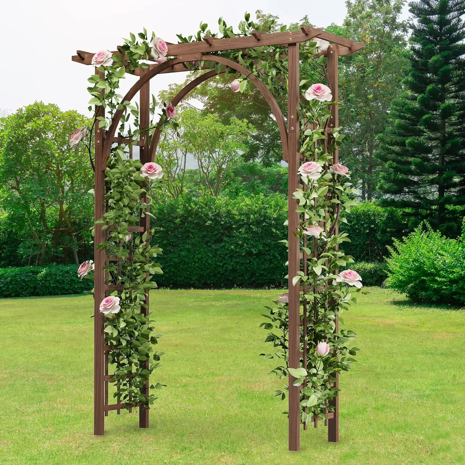 85-in Brown Solid Wood Bow-Shaped Garden Arbor - Lattice Panels, Weatherproof-Moisture-Resistant Sides, Plant Support, Fairy Lights Compatible, Vertical Trellis, All Seasons Indoor/Outdoor Use, Weddings/Backyard Anniversaries Ready