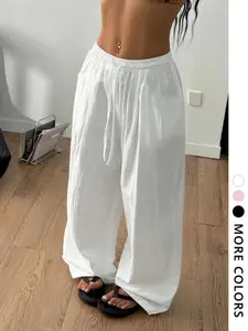 Women's Linen Feel Beach Pants, Front Tie Design, Loose-Fit Casual Style, All Season Everyday Wear, Perfect for Parties & Travel, Casual Bottoms, All Seasons Trousers, Womenswear