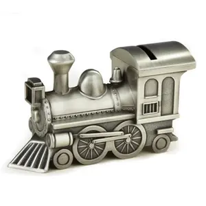 212 MAIN Antique Pewter-Plated Train Piggy Bank - Decorative Unisex Kids' Child-Safe Home Decor, Non-Tarnishing Material, Stainless Steel Accent, 3.25x2.25x6 in.