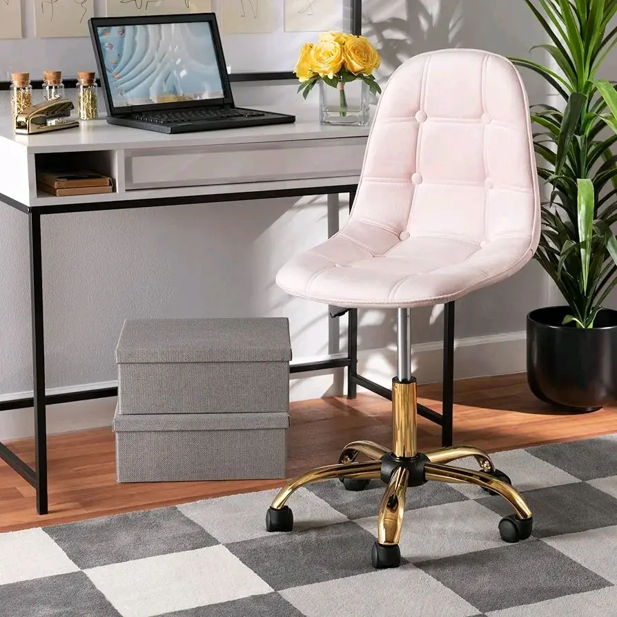 Baxton Studio Kabira Office Chair One Size Blush Pink Gold Upholstered with Gold Base and Casters for Home Office