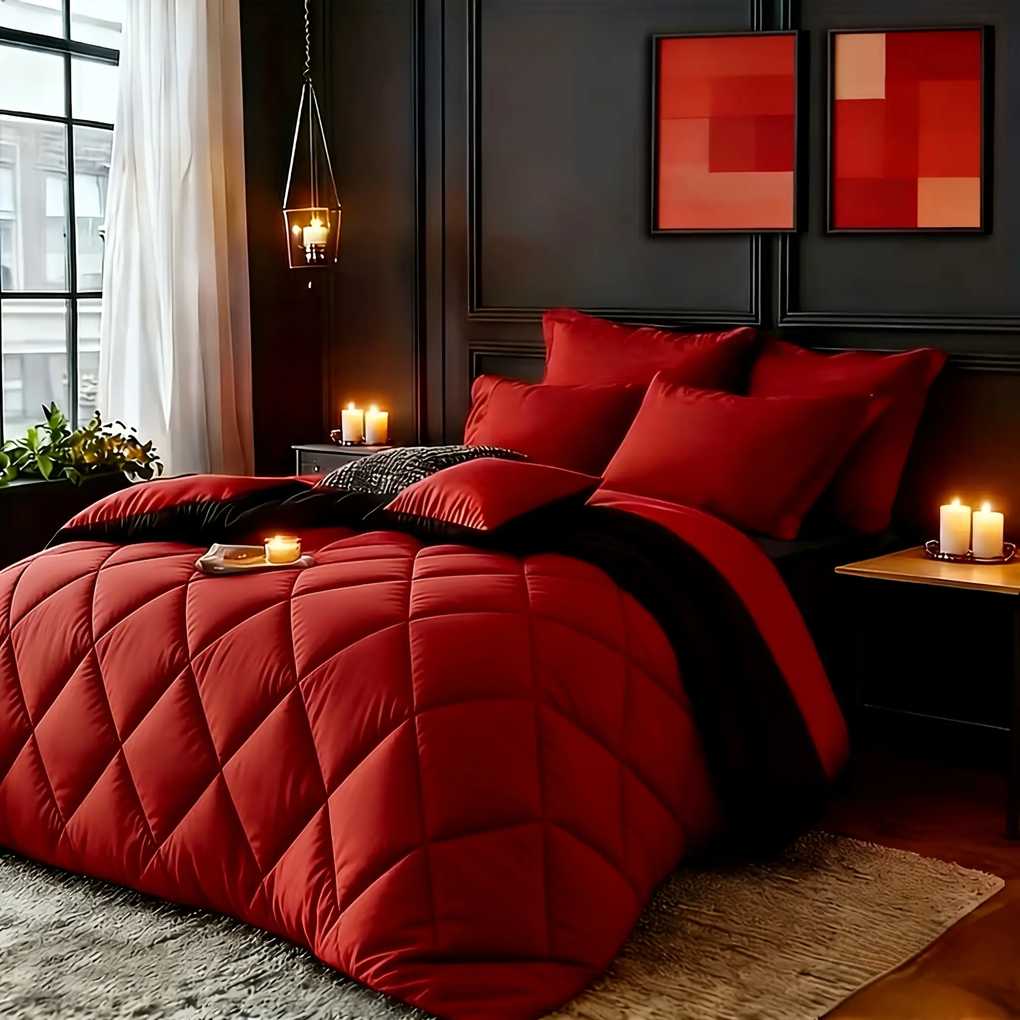 [Cozy All-Season Comforter] 2/3pcs Red/Black Comforter Set Available in TWIN, Queen, And King Sizes - Cozy All-Season Comforter Set That Comes with 1 Comforter And 1 Or 2 Pillowcases. Features a Box Stitch Design, Hotel-Quality, And Machine Washable