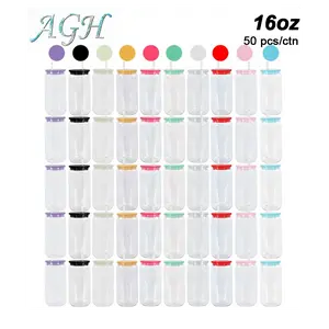 AGH 50pcs 16 oz Single Wall Acrylic Can Plastic Cups with Colored Lid & Straw Reusable Tumbler for Ice Drinking Gifts Drinkware