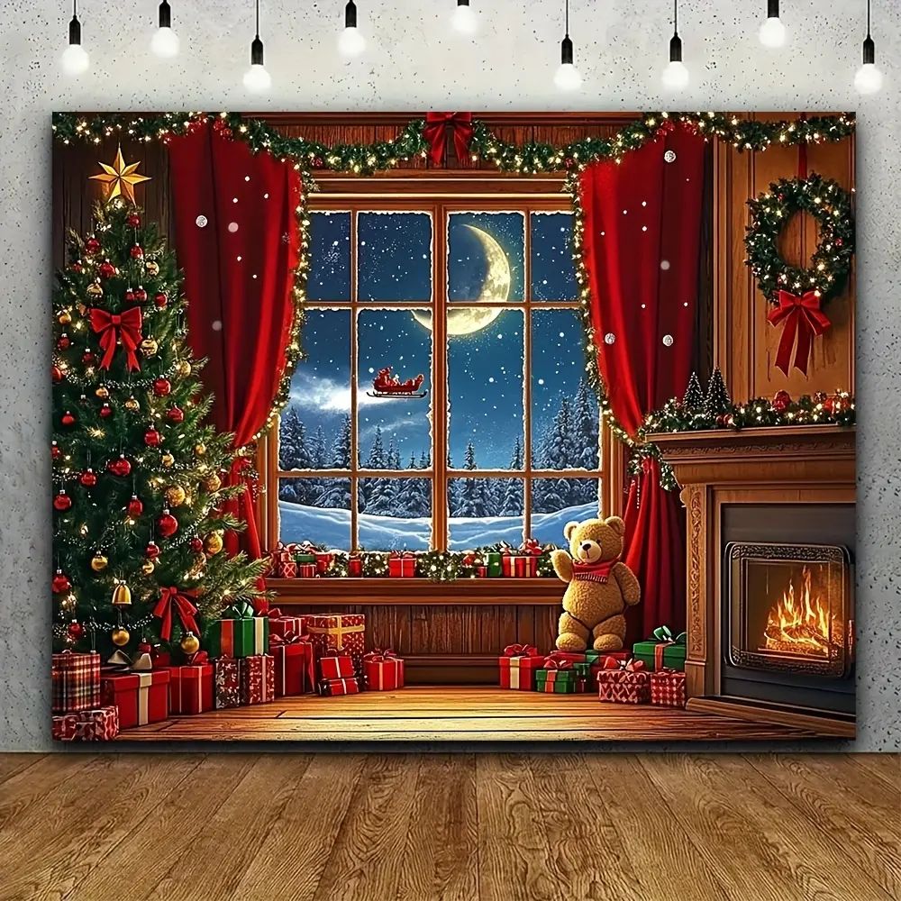 Cozy Polyester Winter Wonderland Window Wall Hanging Photo Backdrop - Red Curtains, Christmas Tree, Ornaments, Detailed Winter Print, Festive Party Decorations Banners for Holiday Photo Shoots, Birthday Events, Photo Backdrops