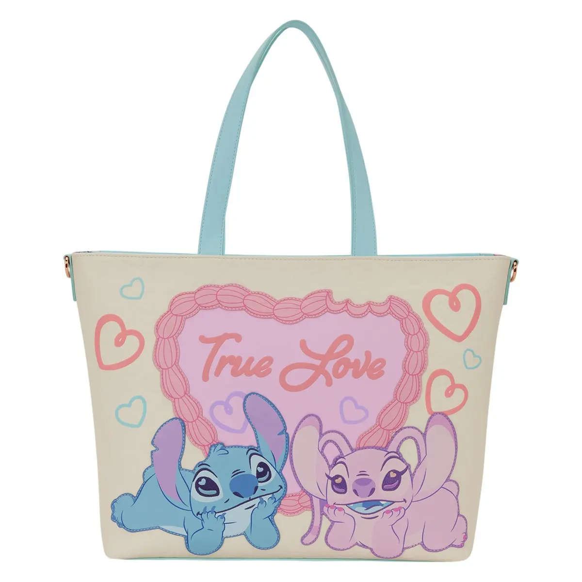 Loungefly Disney Stitch & Angel True Love Tote Bag, Trendy Polyurethane Crossbody with Adjustable Strap & Debossed Details, Fashionable