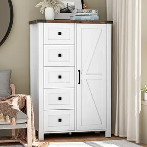 Farmhouse Dresser Storage Cabinet Chest of Drawer for Bedroom, 5 Drawer Dresser with Barn Door, 48 Inch Tall White Wood Dresser, Adjustable Shelves, Rustic, for Living Room, Entryway, Hallway