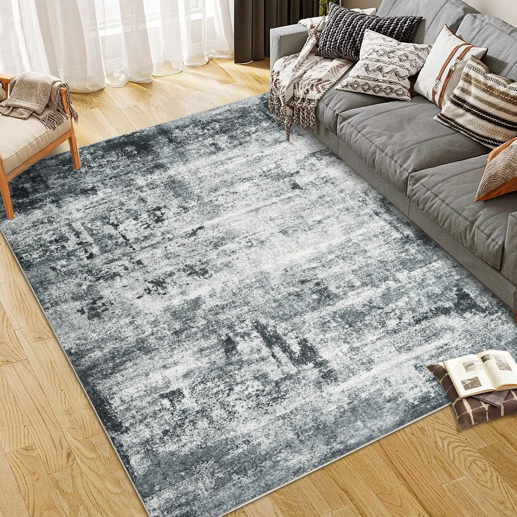 4*6 Area Rugs for Living Room, Large Washable Area Rug, Non Slip Abstract Rugs for Home Decor, Indoor Low Pile Carpet Area Rugs for Bedroom Dining Room,Gray