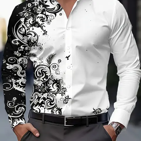 Men's Printed Casual Loose Longsleeves Lapel Button Shirt - Breathable Menswear Top for Spring & Autumn, Father's Day Gift, Casual Fabric Clothing, Casual Longsleeve Top