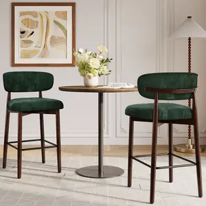 Upholstered Bar Stools for Kitchen Island – Set of 2/4, 26″ Counter Height Stools with Curved Back, Linen Fabric, Wood Legs, and Metal Footrest for Dining Room or Bar