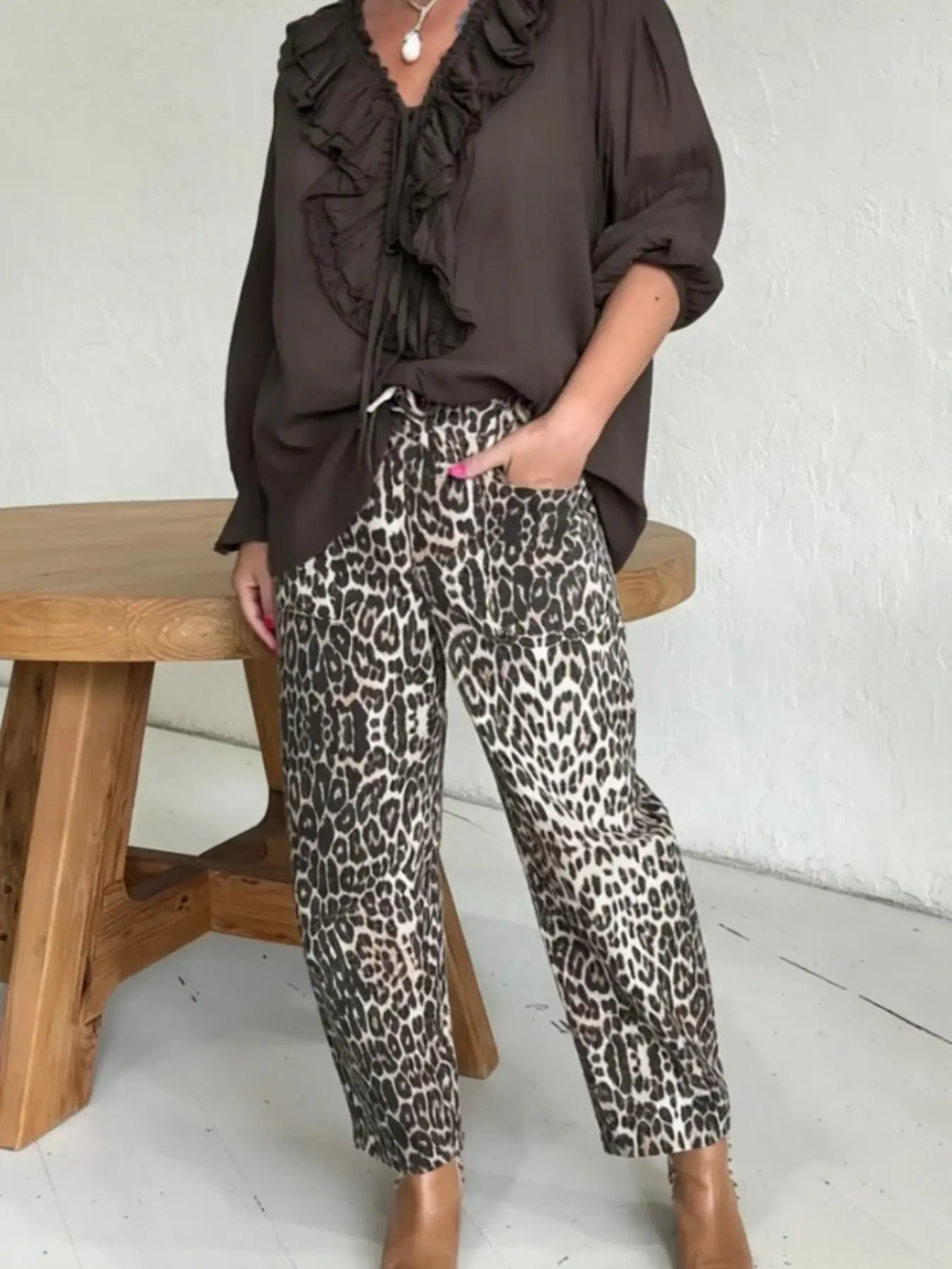 Women's Waist-Cinch Slimming Leopard Print Wide Leg Pants, Casual Lounge Pants, Versatile Fashionable Bottoms, Perfect for Daily Wear and Stylish, Womenswear, Chic Casual All Seasons Trousers