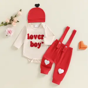Baby Boy Valentines Day Outfit Cute Heart Lover Boy Outfits Long Sleeve Romper Suspender Pants and Hat 3 Piece Set