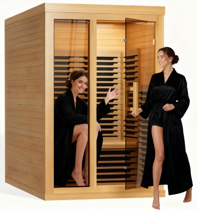 MANASTIN Low EMF Wooden Infrared Sauna - 2-Person Full Spectrum Indoor Sauna with Wooden Design, Dual Tempered Glass, Bluetooth Speakers, 2000W Heater for Home 2-Person Sessions