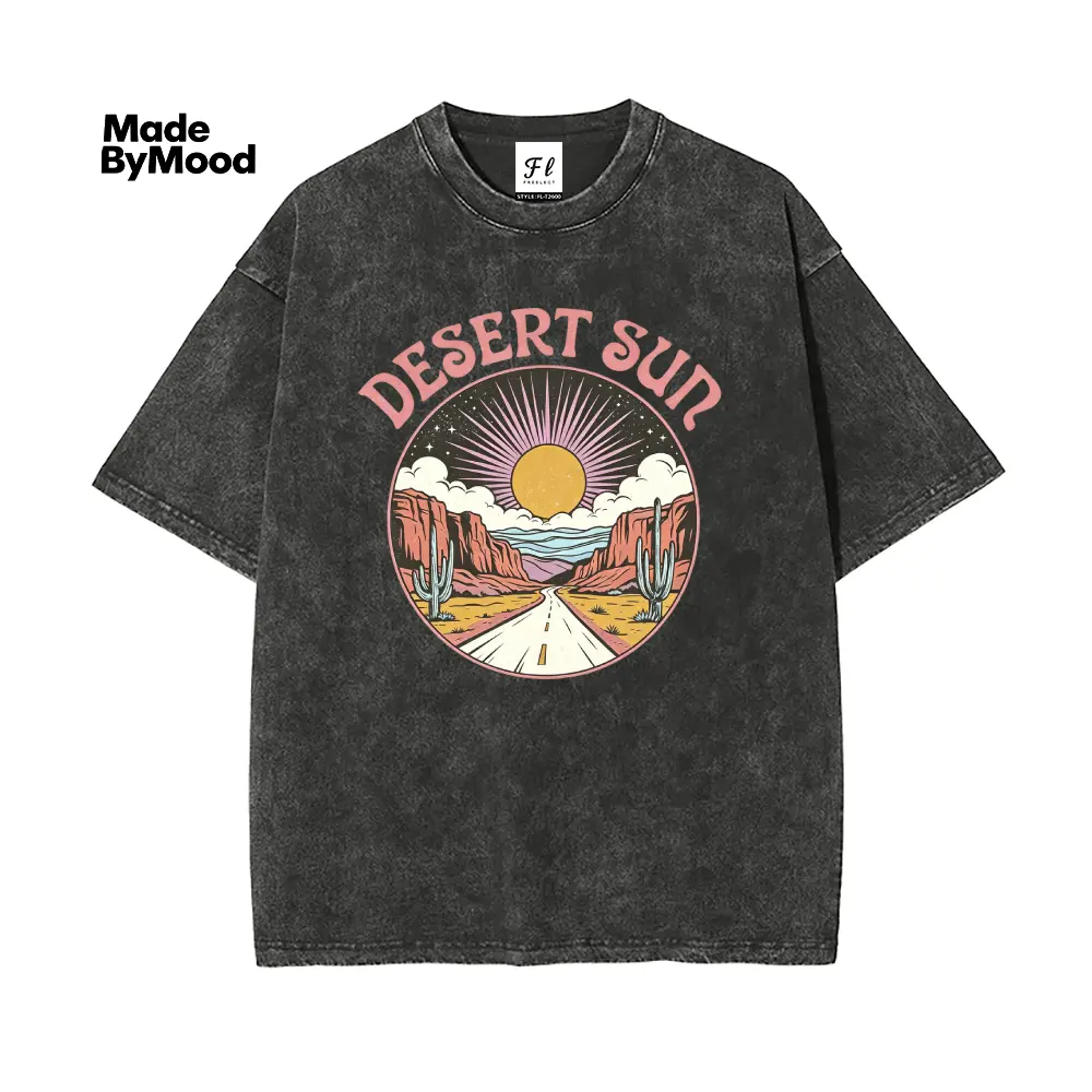 Women's Vintage Washed Heavyweight Cotton Oversized Short-Sleeve Round/Crew Neck Graphic Print Loose-Fit Unisex Casual Top - Retro Western, Desert Sun, Cactus Canyon Themes