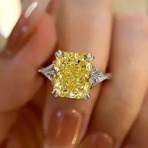 Effinny Jewelry Radiant Cut 4.0ct Yellow Stone Three Stone Engagement Ring, 925 Sterling Silver Promise Ring, 5A Cubic Zirconia Anniversary Ring for Women