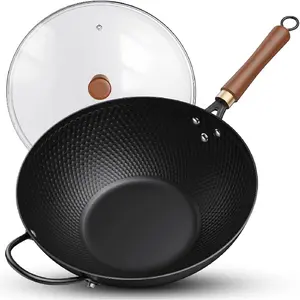Nonstick Wok, 13-Inch Carbon Steel Wok Pan with Glass Cover, Woks & Stir-Fry Pans for Induction, Electric, Gas, Halogen, All Stoves