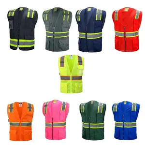 Two Tones Safety Vest with Multiple Pockets Tool Reflective Yellow Strips Black Construction Gear