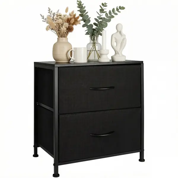 Small Dresser with 2 Fabric Drawers – Wooden Top Nightstand, Bedside Table & End Table for Bedroom, Dorm, Entryway, Steel Frame, Quick Assembly Storage Organizer