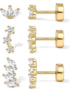 Sterling Silver Flat Back Earrings for Women Hypoallergenic 14K Gold Plated Flatback Stud Earrings Trendy Cartilage Helix Conch Tragus Piercing Jewelry 3 Pairs Dainty CZ Opal Earring Set