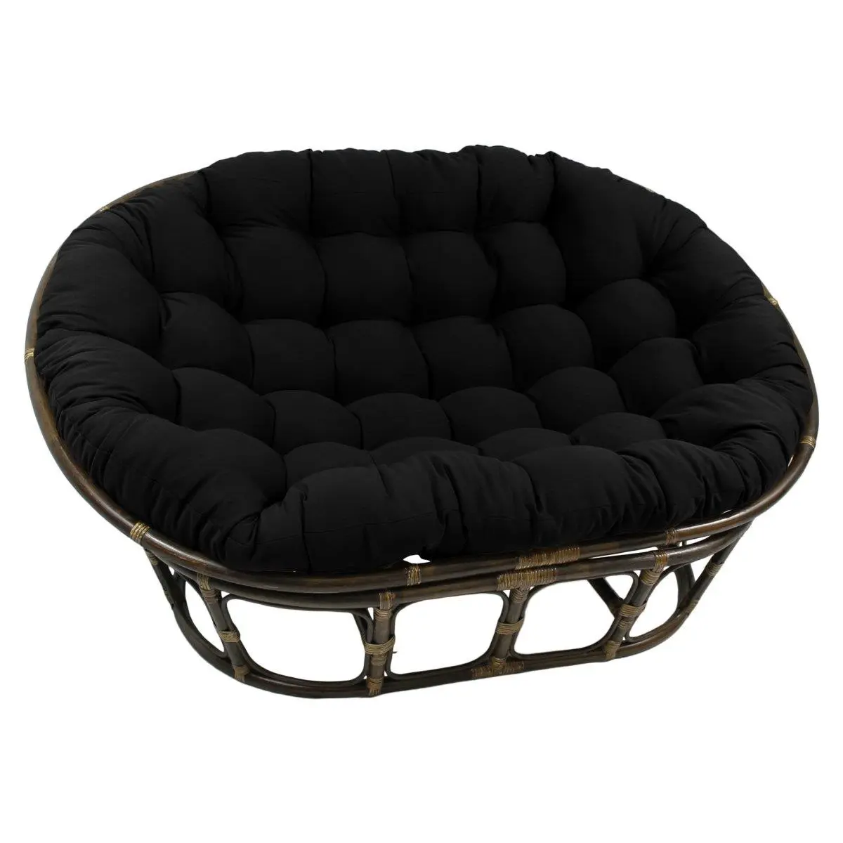 212 MAIN Outdoor Rattan Round Double Seater Papasan Chair - Bohemian Look, Rattan Frame, 63x45 in., Tufted Black Twill Fabric Cushion, Tufted Cushion