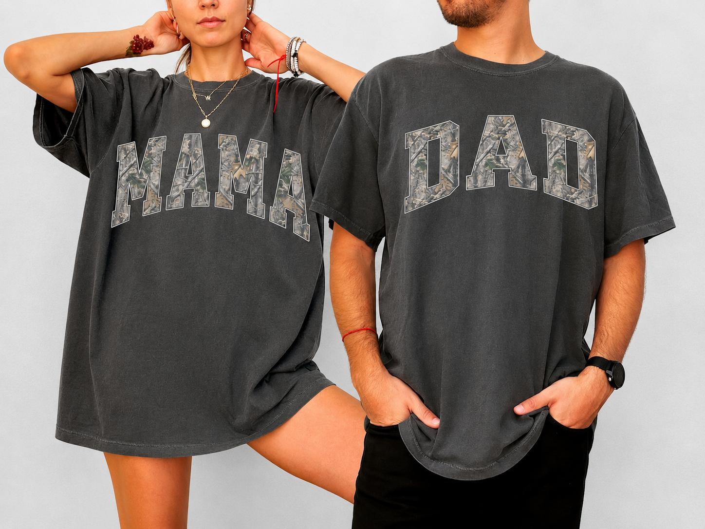 Matching Camo Mama Dad Tees, Country Family Shirts, Hunting Couple Matching Outfit, Rustic Mama Dad Graphic Shirts, Outdoor Lifestyle Apparel, Western Couple Tees, Comfort Colors Family Shirts, Gift For Country Mom And Dad